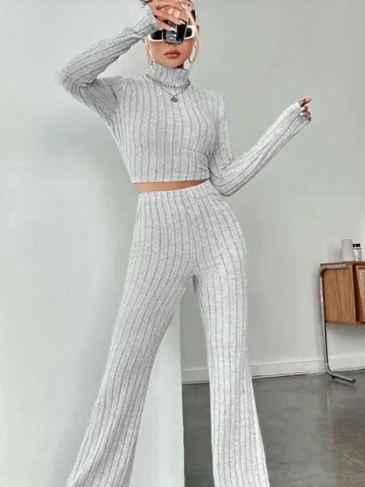 Women fashion solid color autumn winter streetwear set with elegant round neck tops and loose pants, casual holiday sport two-piece.