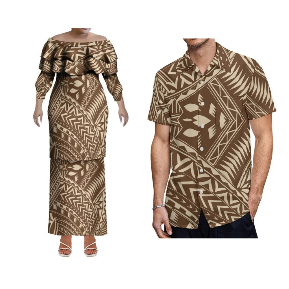 Soft summer Polynesian Samoa Hawaii slim women's fishtail dress with ruffle collar, perfect for garden parties and evening events.