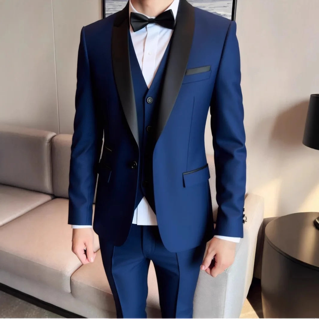 Men's 3-piece suit with jacket, vest, and trousers in high-quality, slim-fit formal and wedding fashion by Showlu Fashion Store.