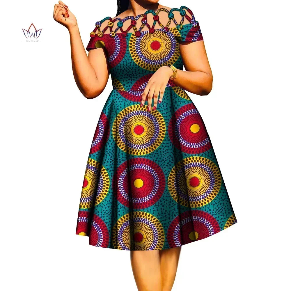 BintaRealWax African Dresses for Women Cotton Rope Weaving Collar African Print Wax Clothing Knee-Length Lady Dress WY335