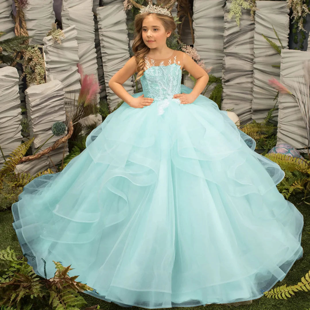 Light champagne flower girl dress by Gdybao featuring a tulle tiered ball gown for weddings, designed by Showlu Fashion Store.