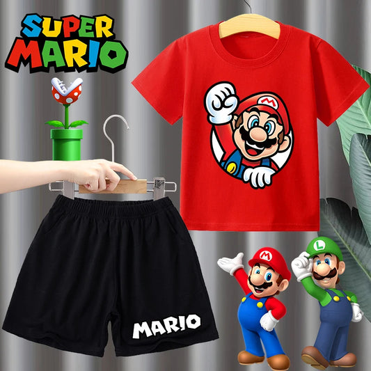 Super Marios Bros Kids Cotton T-shirt Casual Shorts Set Children Short Sleeve Top Anime Print Pants Summer Cartoon Cute Clothing