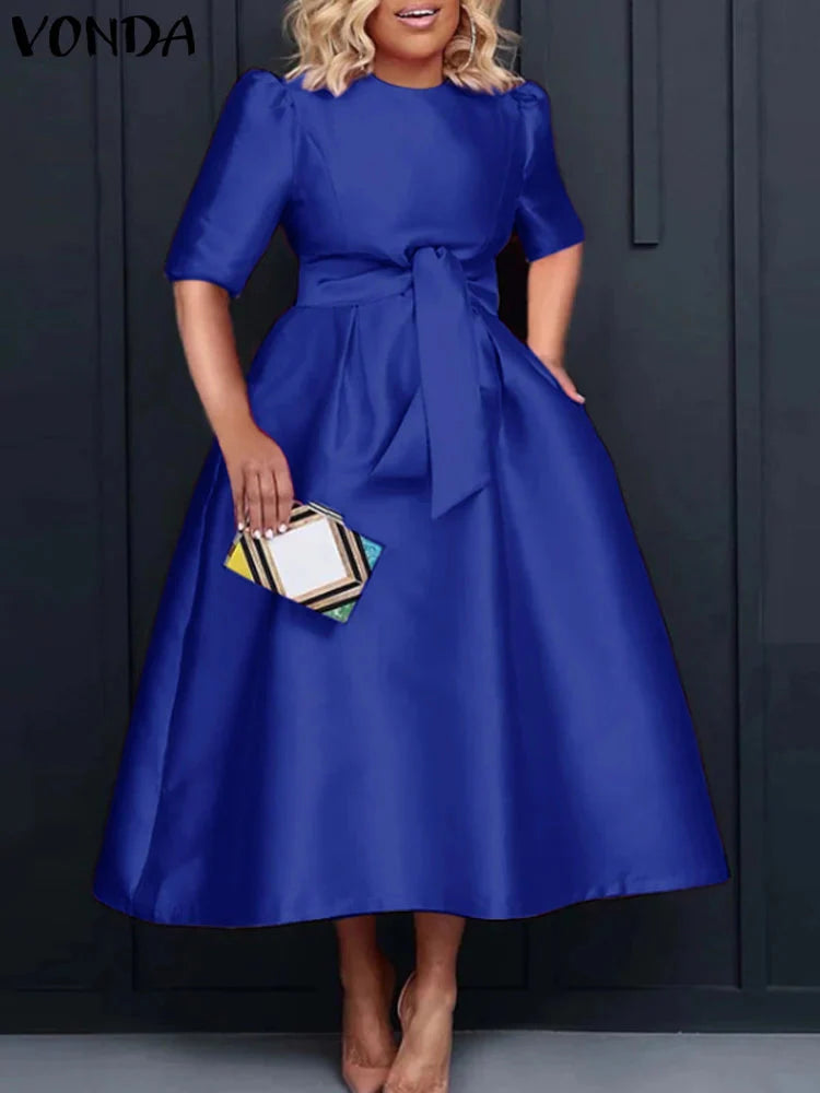 VONDA women's satin midi dress with short sleeves and belt, elegant belted robe style in smooth satin fabric.