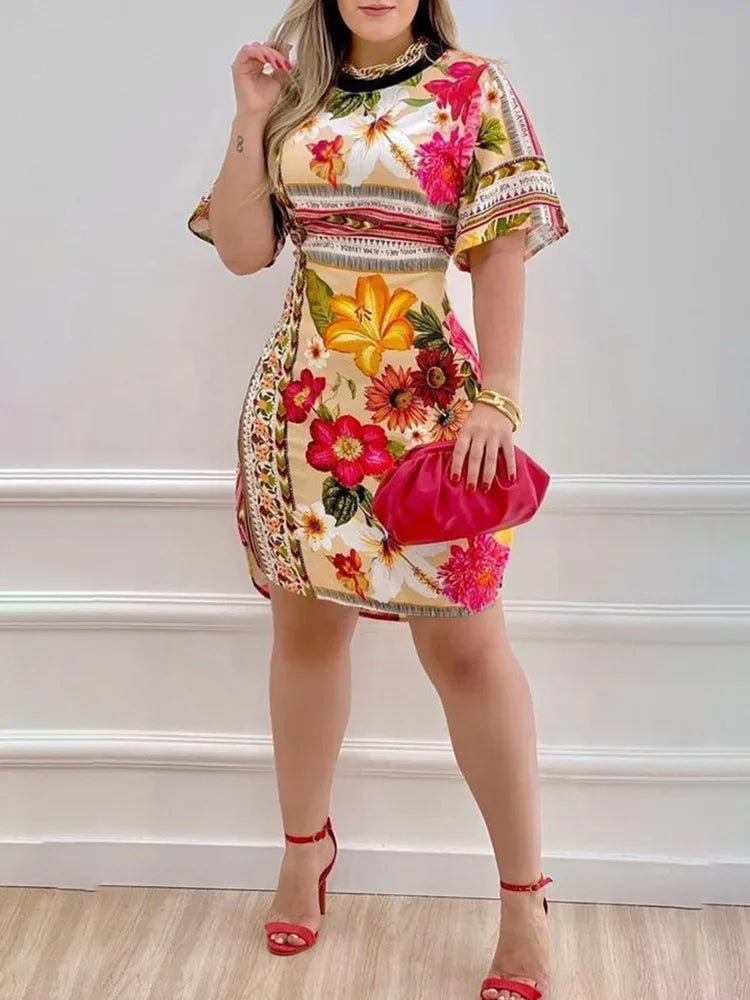 Women's floral print A-line mini dress by SHOWLU FASHION STORE, showcasing slim fit summer casual style with vibrant floral pattern.