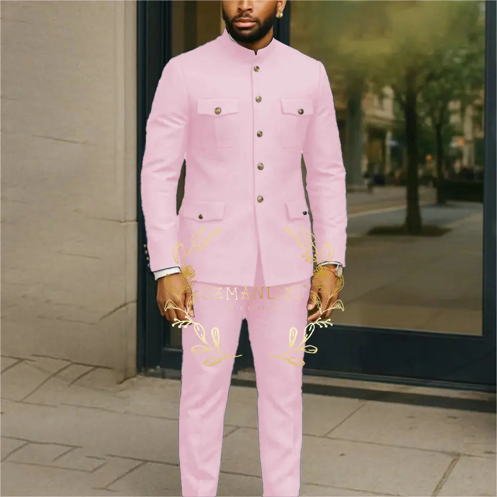 White stand collar men's suit jacket and pants set, stylish tuxedo tux for groom or formal business occasions, Showlu Fashion.