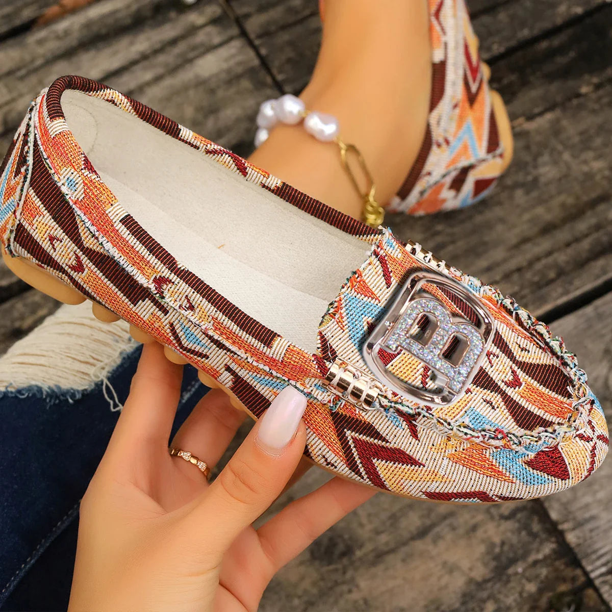Women's floral loafers by SHOWLU FASHION STORE, elegant slip-on fabric driving flats with colorful floral pattern.