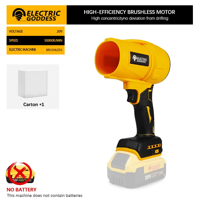 DeWalt 20V battery-powered Electric Goddess 1500W brushless jet fan blower with compact design and ergonomic handle.