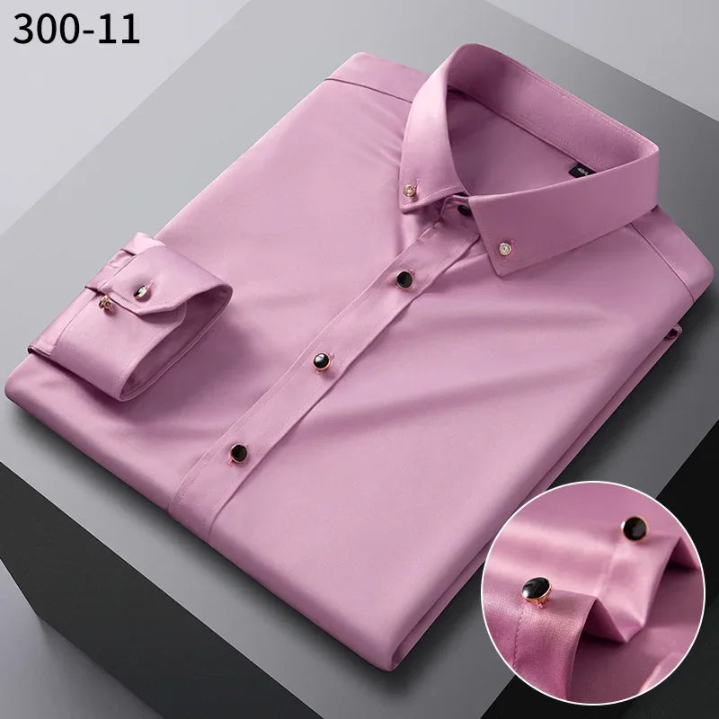 Men's long sleeve silk shirt with diamond buttons, soft anti-wrinkle fabric, stylish formal business attire, in black.