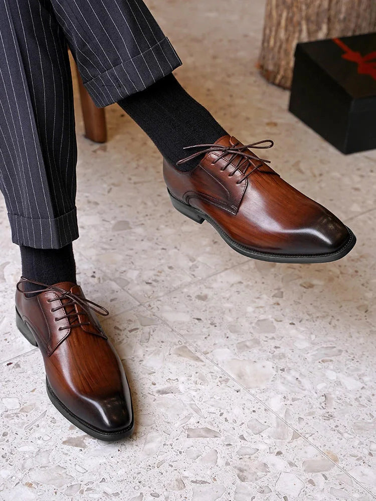 Men's business casual derby shoes with distressed wood grain leather, square toe, comfortable formal dress footwear from Showlu Fashion Store