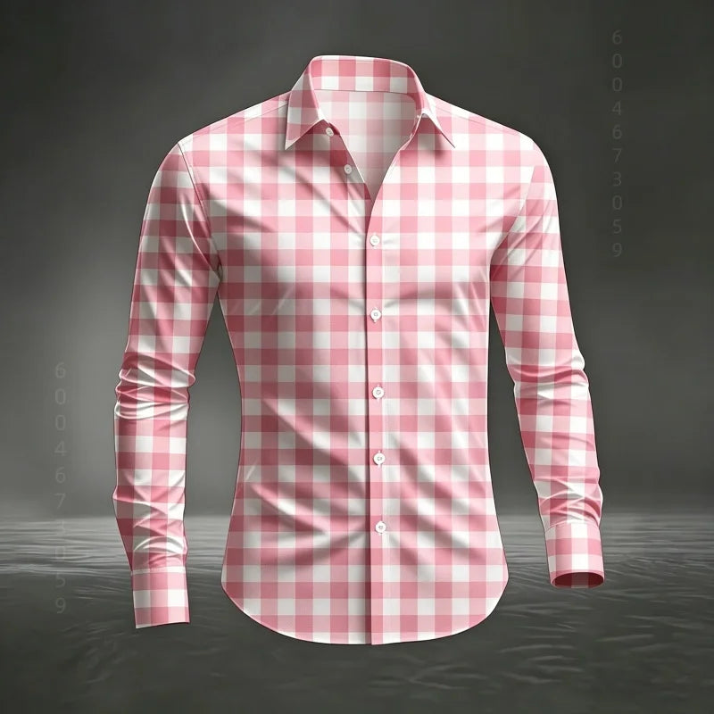 2026 Men's New Classic Plaid Shirt with Plaid Printing, Slim Fit Collar Long Sleeve Shirt, Men's Top, Comfortable Fabric XS-6XL