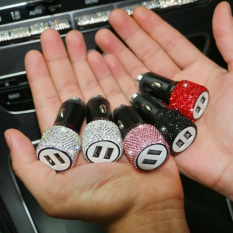 Pink Showlu Crystal Dual USB Car Charger with 3-in-1 charging cable, portable and stylish for in-car device charging.