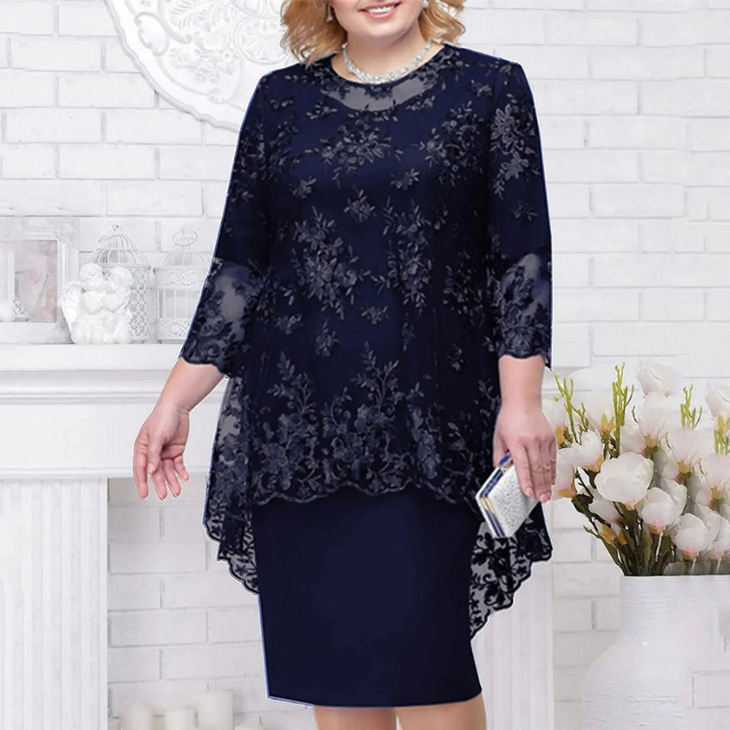 Elegant knee-length women's lace embroidery evening dress with A-line silhouette, featuring intricate lace details and a flattering fit.