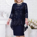Elegant knee-length women's lace embroidery evening dress with A-line silhouette, featuring intricate lace details and a flattering fit.