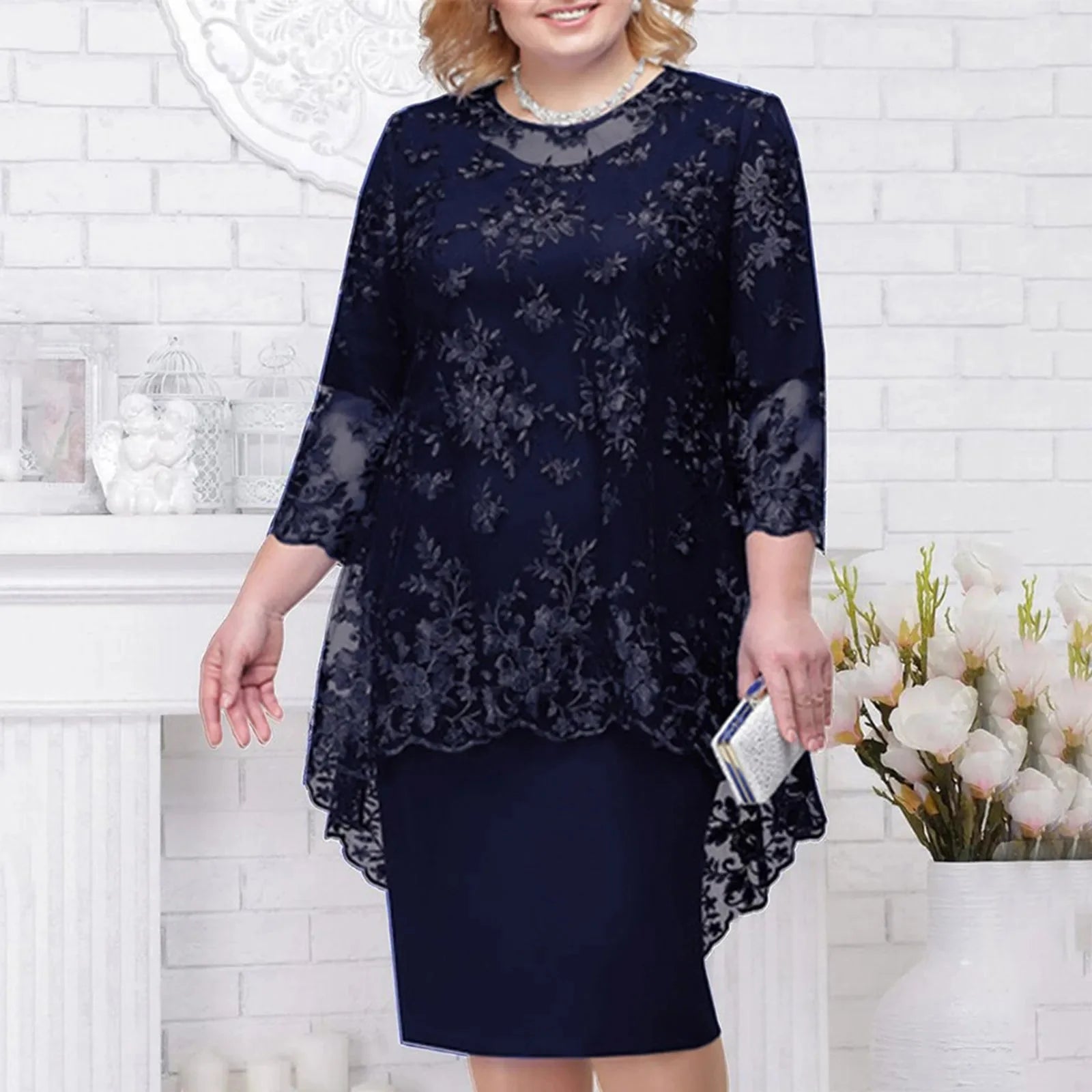 Elegant knee-length women's lace embroidery evening dress with A-line silhouette, featuring intricate lace details and a flattering fit.