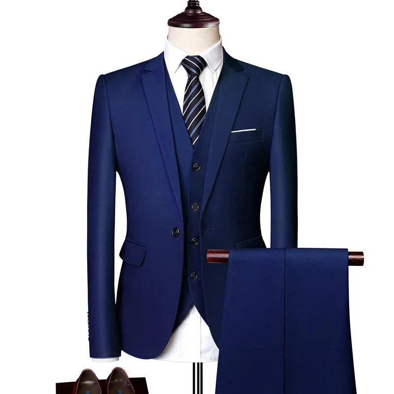 Men's pink three-piece wedding suit by SHOWLU FASHION STORE, slim fit with jacket, vest, and trousers, perfect for formal occasions.