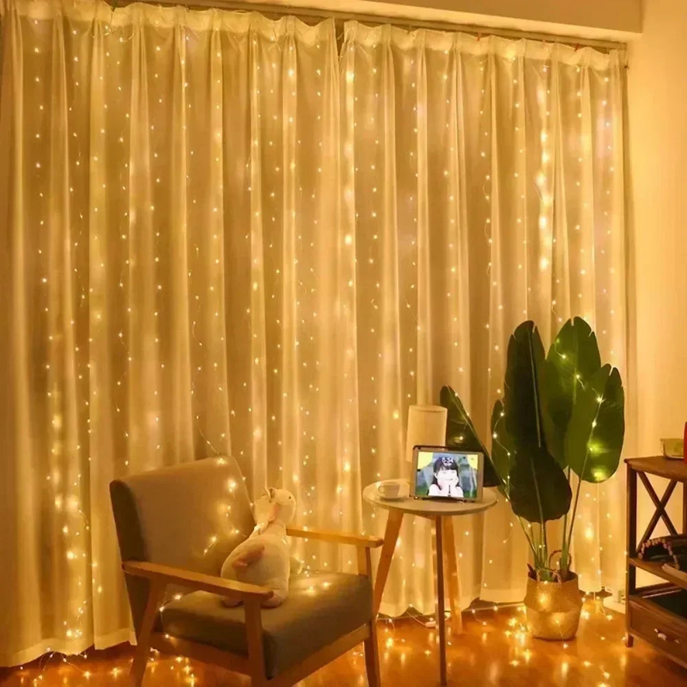 Showlu Smart General LED curtain fairy lights hanging with warm glow, ideal for decorative indoor or outdoor lighting.