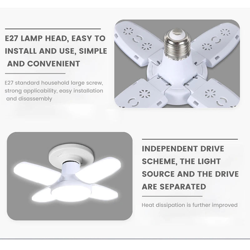 Showlu Smart foldable fan blade LED ceiling lamp with E27 socket and cold white light, featuring a modern design and adjustable blades.