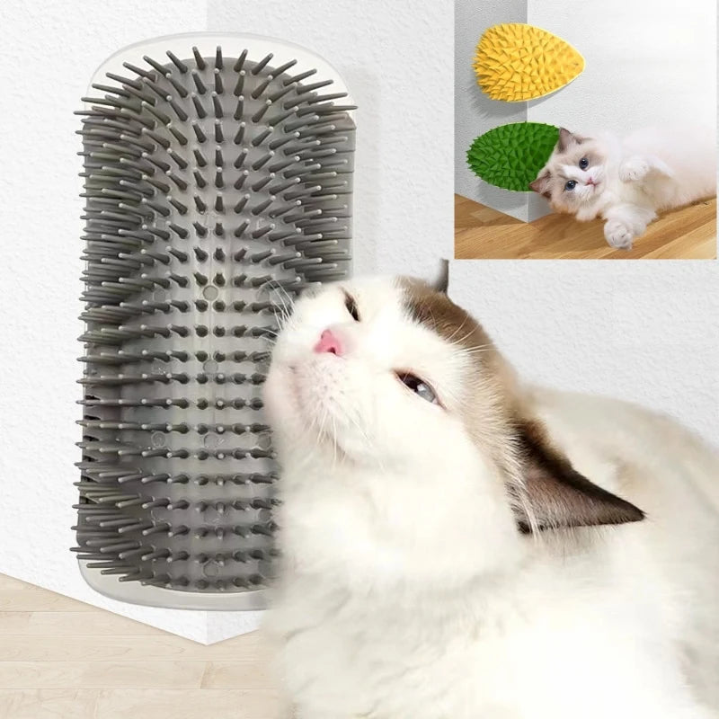 Showlu Fashion Store cat scratcher and massager with grooming brush and pet hair remover for cats and dogs, on grooming table.