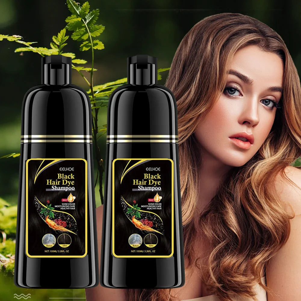 Eelhoe 3-in-1 black hair dye shampoo by SHOWLU FASHION STORE, herbal repair for gray hair, shown in two bottles.