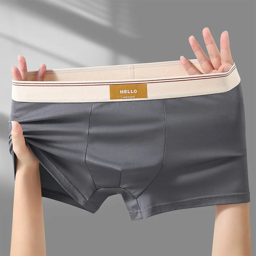 Breathable milk silk men's boxer shorts with comfortable fit, showcasing the sexy, smooth fabric and classic design.