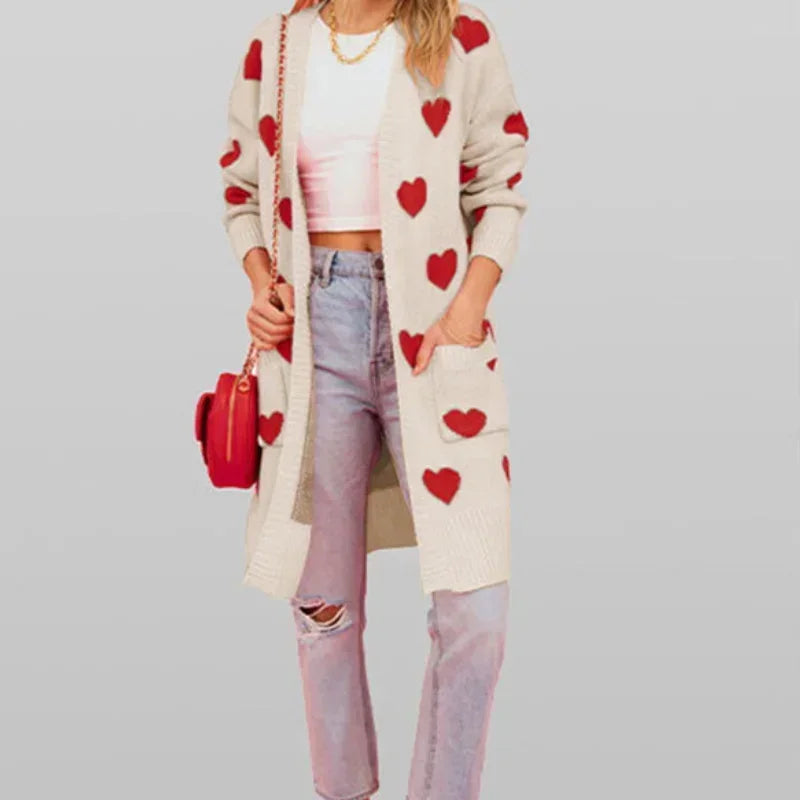 2025 Women Heart Maxi Sweater Cardigan Kintted Jacket Long Spring Valentine's Day Loose Crochet Winter Warm Jumper Coat Sweaters