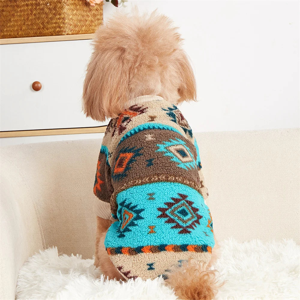 Showlu Fashion XLeiPet Totems Print Puppy Dog Sweater, warm winter fiber pet hoodie with colorful totem design on front.