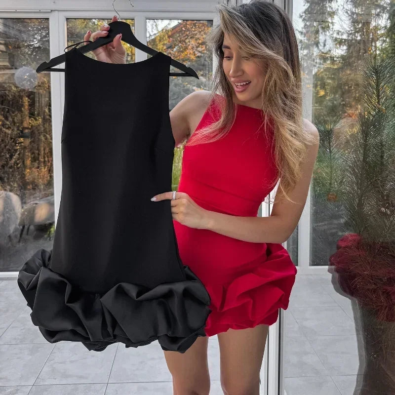 Red ruffled hem mini dress for women, elegant sleeveless backless O-neck evening gown by Showlu Fashion featuring slim fit and party style.