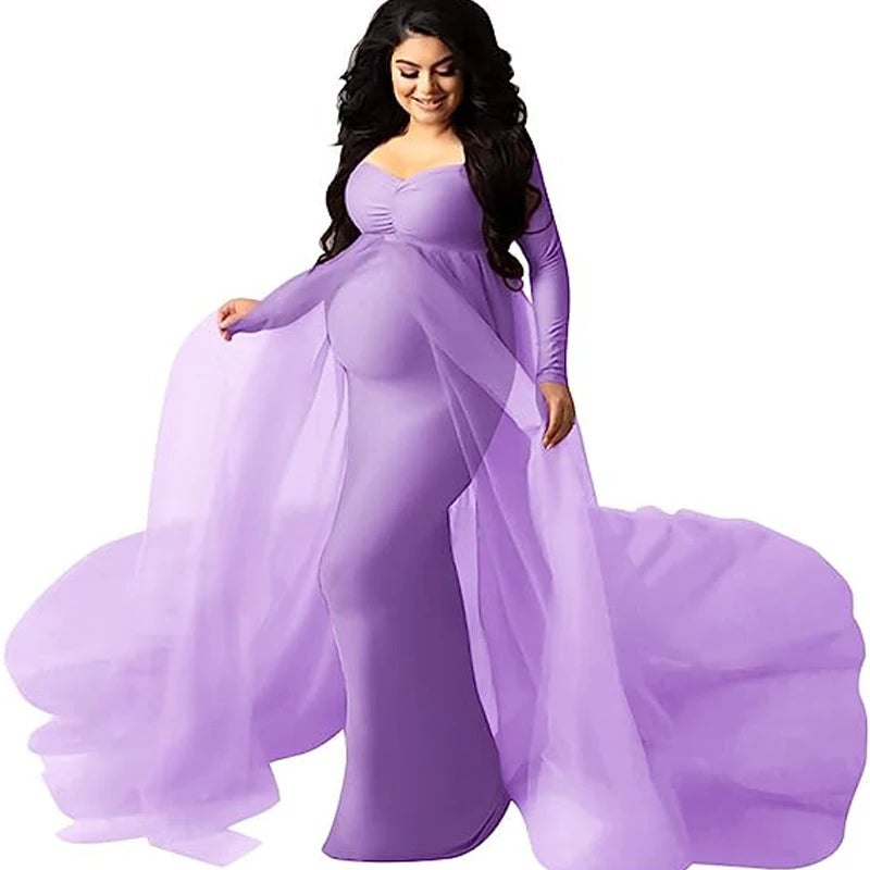 Deep V-neck lace maternity dress with tulle and feather details, long sleeves, perfect for photoshoots or special occasions.