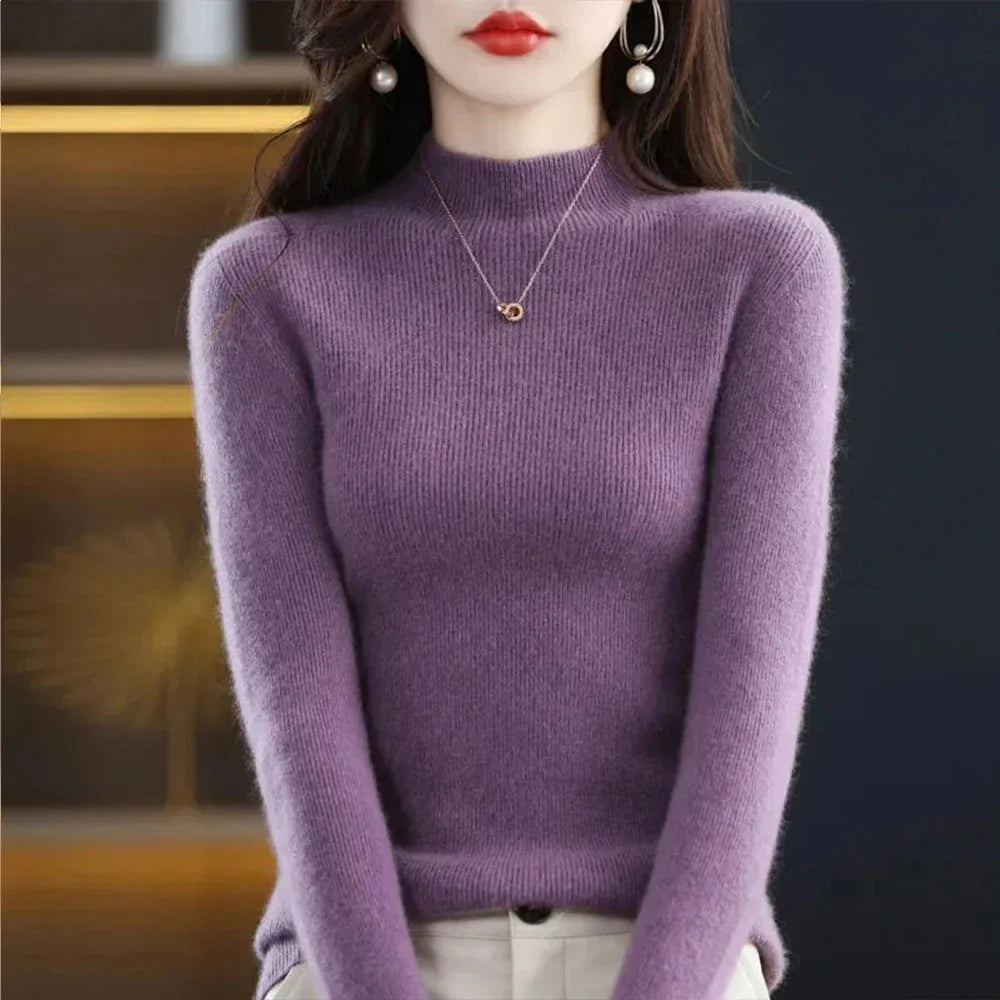 SHOWLU FASHION STORE women's half high collar pleated pullover sweater with slim fit design and stylish details.