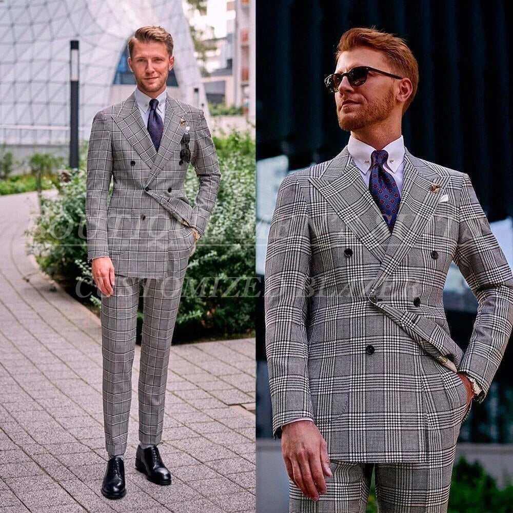 Men's slim fit double-breasted suit with peak lapel, formal blazer by Showlu Fashion, displayed on a hanger.