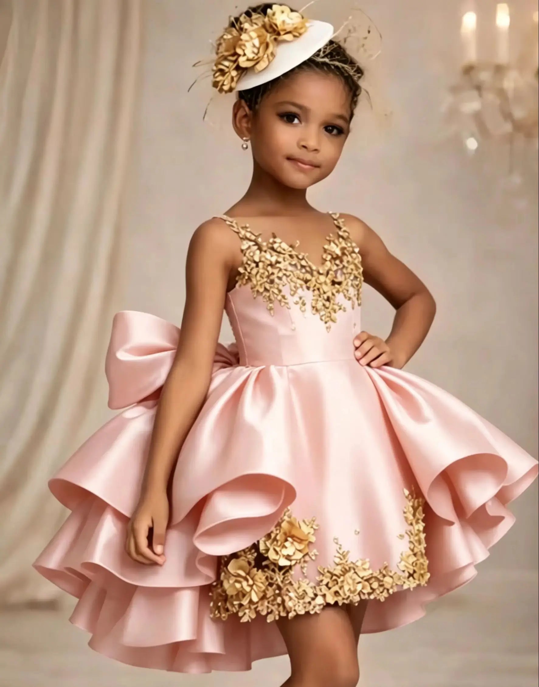 Customized Flower Girl Dresses for Wedding Satin Sleeveless with Bow Lace Applique Knee Lenght Kids First Communion Gowns