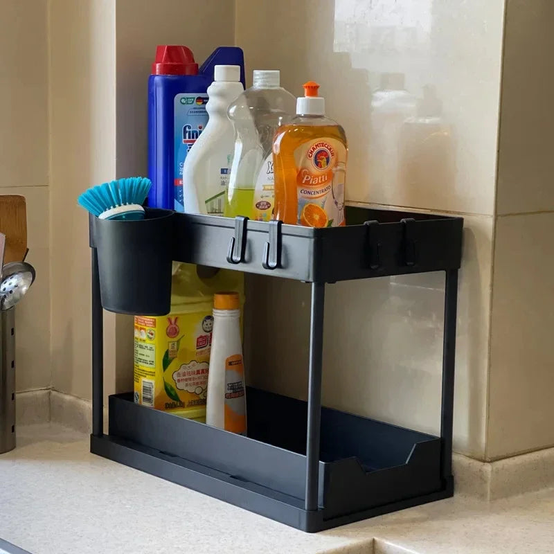 Showlu Smart General under sink organizer rack with multiple compartments for kitchen or bathroom storage.
