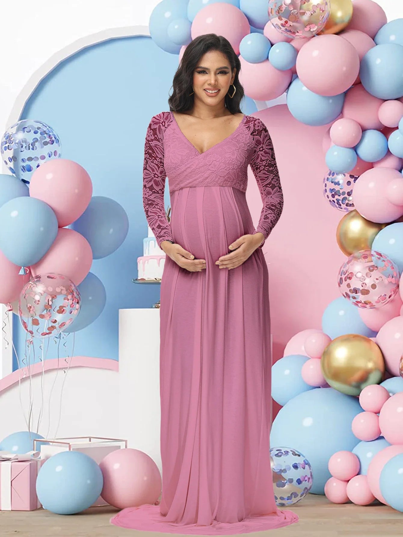 SHOWLU V-neck lace maternity gown, elegant chiffon maxi dress designed for maternity photography, featuring delicate lace details.