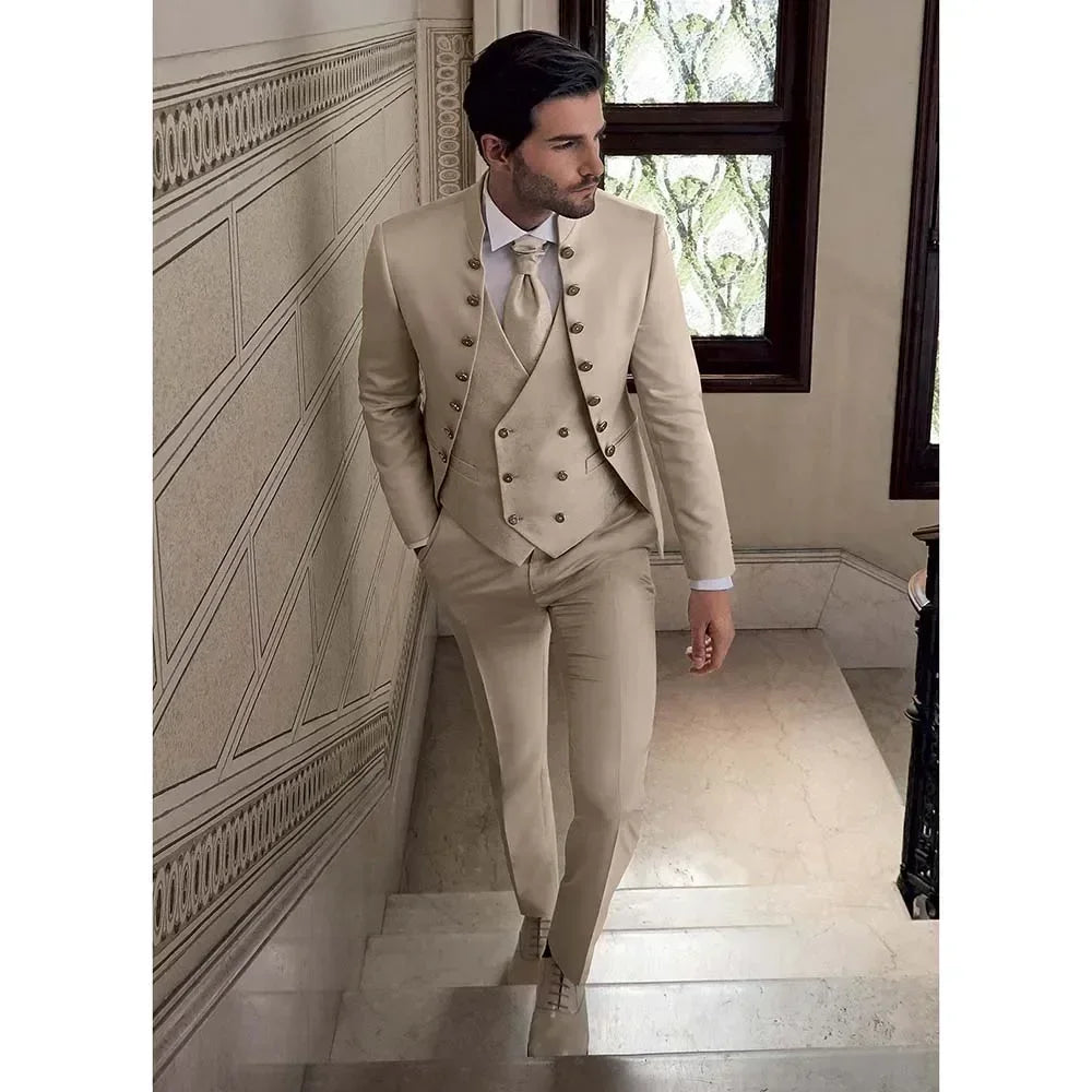 Beige 3-piece men's suit with stand collar, double-breasted design, slim fit, suitable for formal, casual, and wedding occasions.