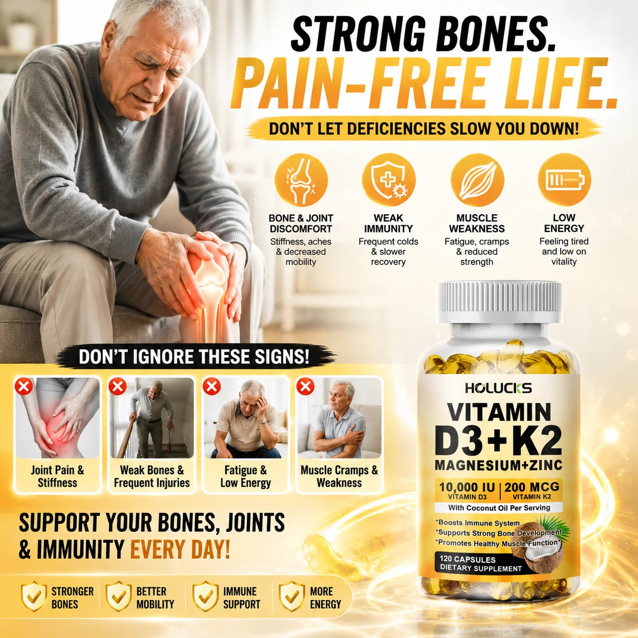 Vitamin D3 K2 Capsule, with Coconut Oil, Promotes Strong Bones, for Teeth,Heart Cardiovascular Health, Magnesium+Zinc Supplement