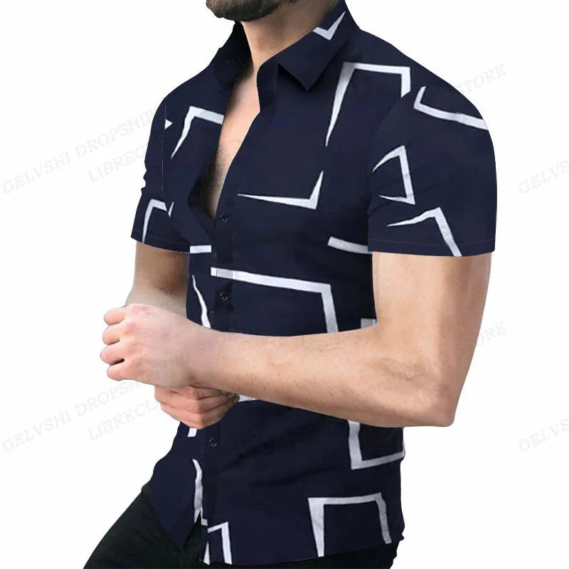 Showlu men's geometric 3D print Hawaiian shirt with short sleeves and tropical pattern, casual Cuban blouse style.