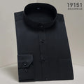 Men's white slim fit long sleeve shirt with stand-up collar and round neck, featuring vertical collar design by Showlu Fashion Store.
