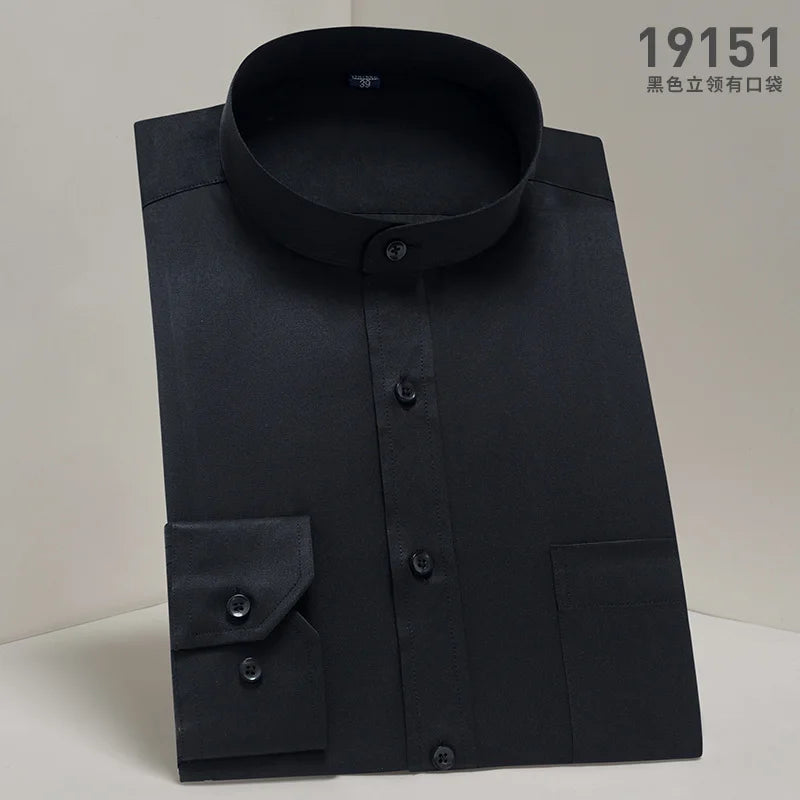 Men's white slim fit long sleeve shirt with stand-up collar and round neck, featuring vertical collar design by Showlu Fashion Store.