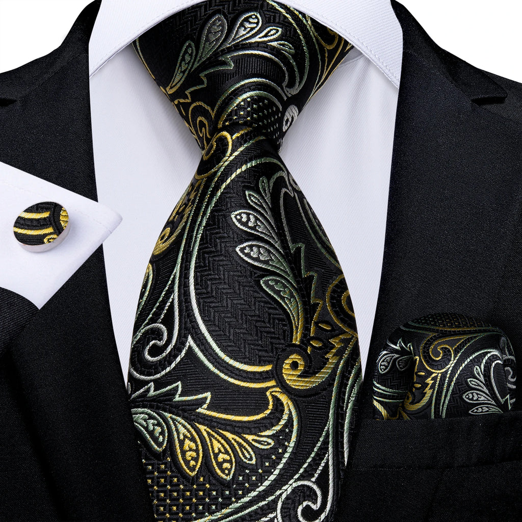 Gift Men Tie Luxury Gold Black Striped Paisley Silk Wedding Tie For Men DiBanGu Designer Hanky Cufflinks Fashion Tie Set