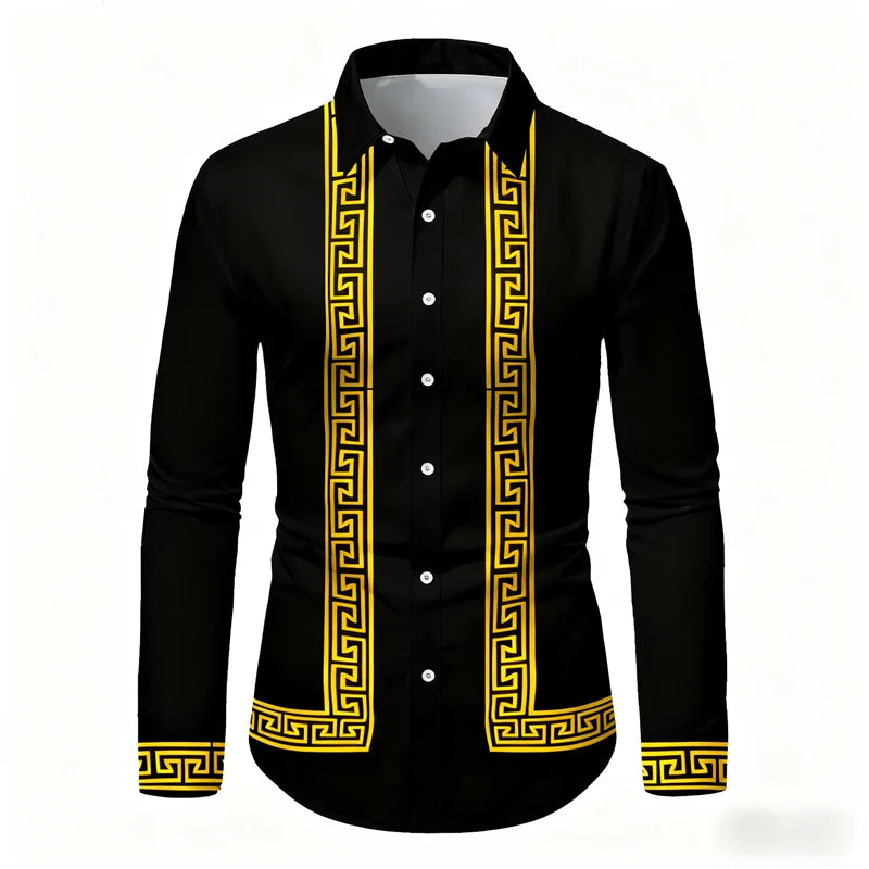 Men's retro geometric print long-sleeve shirt in black and white, slim fit, stylish casual top by Showlu Fashion Store