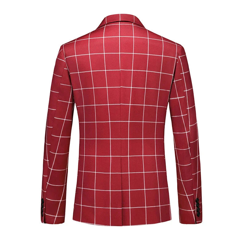 Qj Cinga men's plaid slim fit business suit jacket with single-breasted blazer design, shown in a modern, tailored fit style.