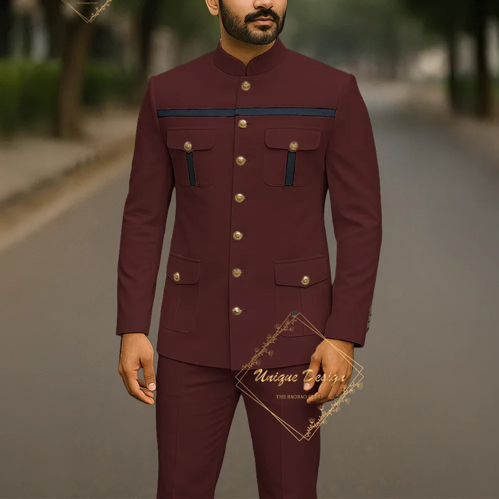 Ivory men's formal safari suit by Showlu Fashion, custom-made Indian wedding groom 2-piece set with slim fit jacket and pants.