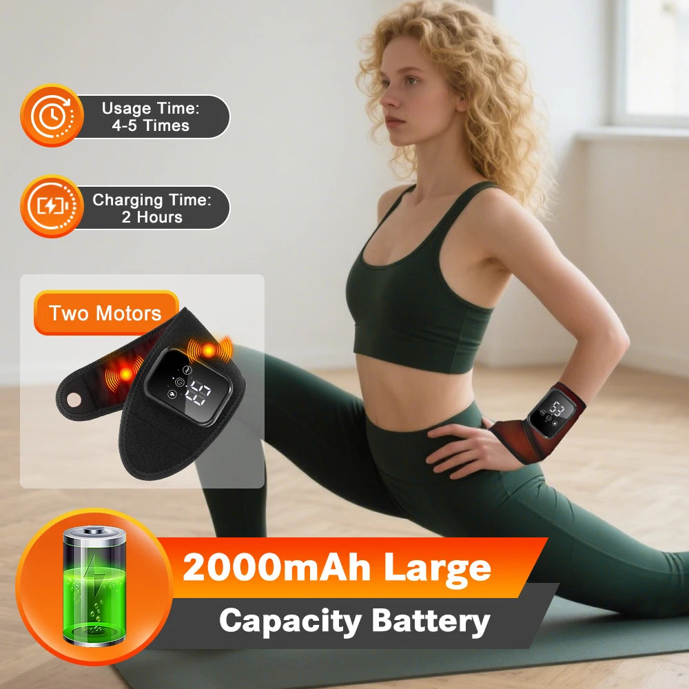 Electric heating wrist massager and brace with vibration therapy for carpal tunnel, tenosynovitis, and fatigue relief.