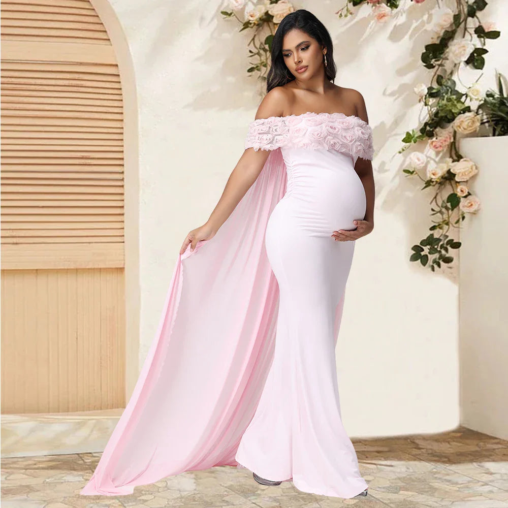 Elegant floral off-shoulder maternity gown with sheer mesh cloak, perfect for photoshoots, by SHOWLU FASHION STORE.