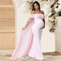 Maternity Floral off Shoulder Dress Mesh Cloak Maxi Party Gown for Baby Shower Photoshoot