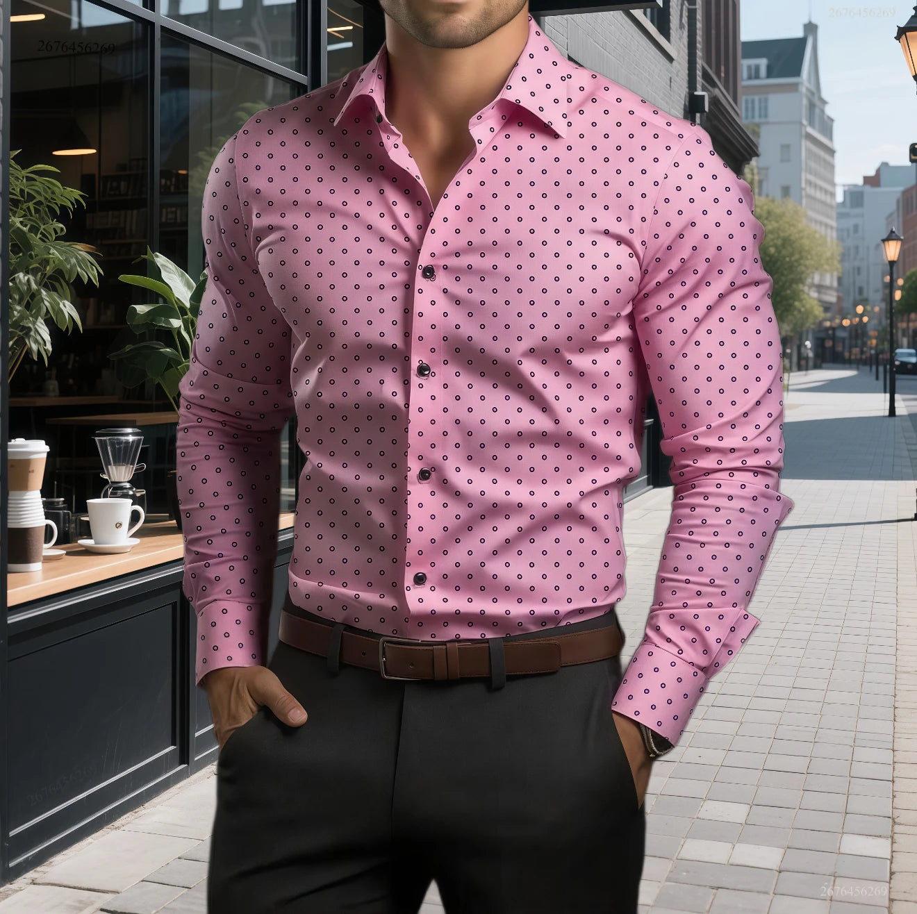 Showlu men's polka dot long sleeve casual shirt with oversized fit, suitable for business or casual wear, in navy and white.