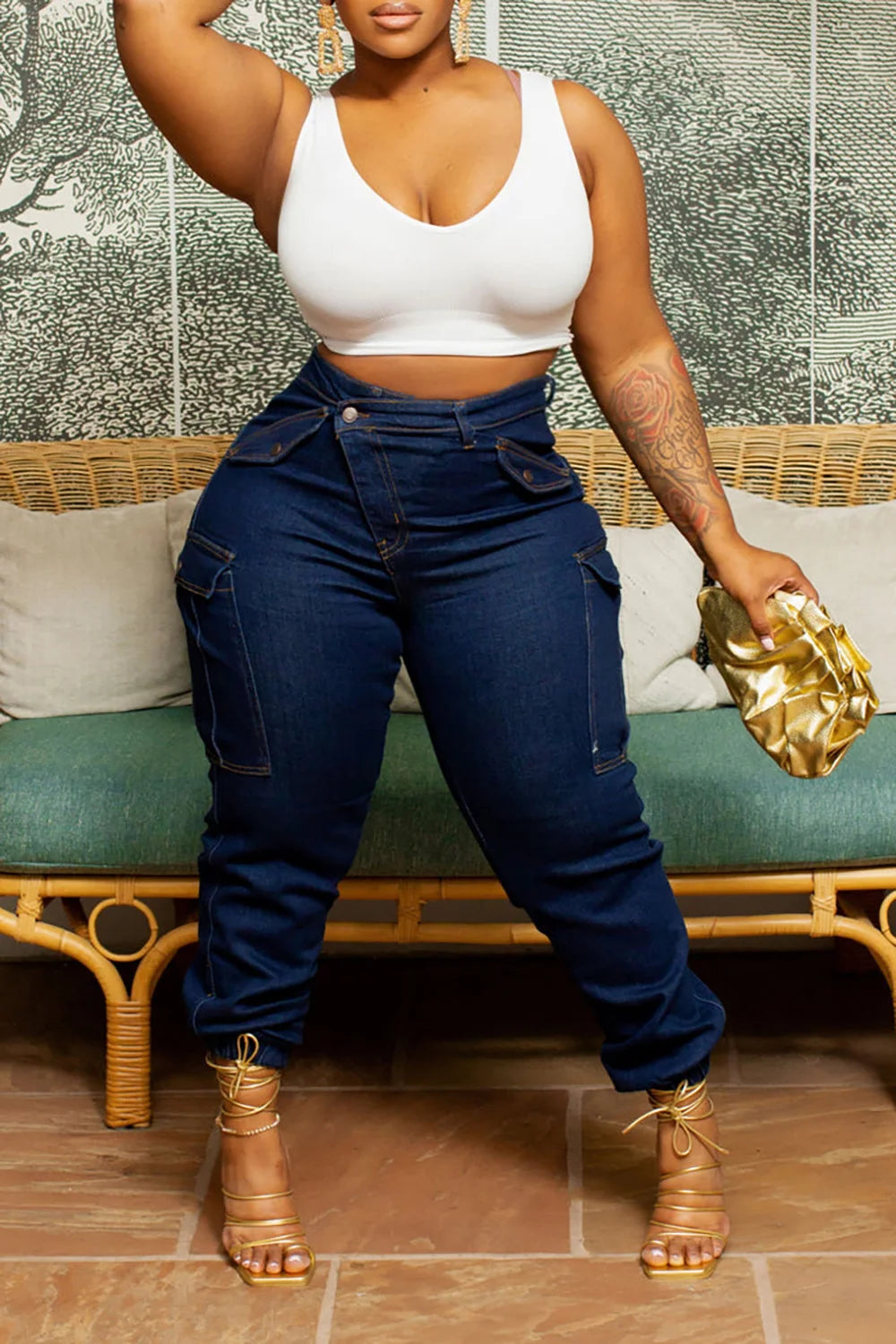 Plus Size Blue All Season Everyday High Waist Warm Skinny Jeans Women's Stretch Button Pencil Pants Mom Casual Pocket Work Jeans