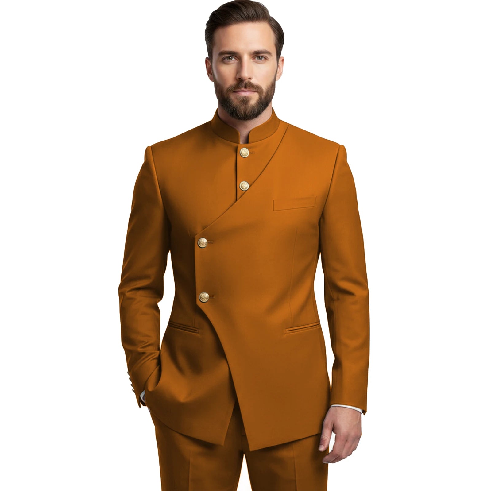 Chinese Suit Men 2 Piece Tunic Suits Slim Fit Safari Suits for Men Mandarin Collar Suit Blazer Pants Set