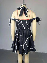 Summer Women Bowknot Shoulder Halter Neck Geometric Striped Big Swing Dress Streetwear Night Club Party Dresses Vestidos 2025