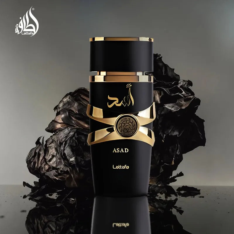 Lattafa Asad men's Eau de Parfum in 100ml bottle, featuring a long-lasting oriental scent with elegant packaging.